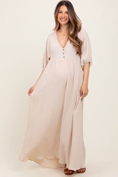 PinkBlush Beige Solid Woven Elbow Sleeve V-Neck Button Down Maternity Maxi Dress