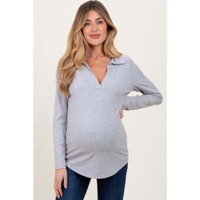 Target Pinkblush Heather Grey Ribbed Collared Maternity Long Sleeve Top XL