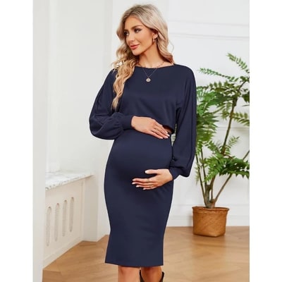 Target Maternity 2 Piece Outfits Dress Puff Long Sleeve Ribbed Knit Top Bodycon Midi Skirt Sets Baby Shower Photoshoot Navy Blue L