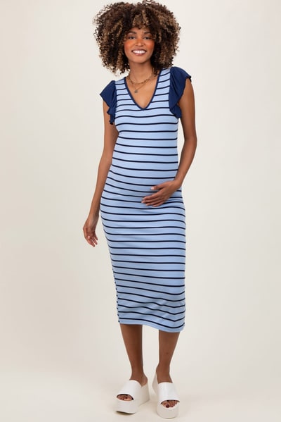 PinkBlush Light Blue Striped Ribbed Ruffle Sleeve Open Back Maternity Midi Dress