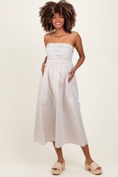 PinkBlush Cream Tube Striped Black Smocking Maternity Maxi Dress