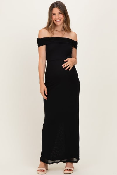 PinkBlush Black Off Shoulder Mesh Maternity Maxi Dress
