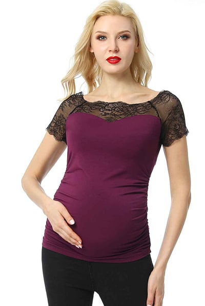 Kimi + Kai Kimi + Kai Maternity "Valerie" Lace Shoulder Ruched Top
