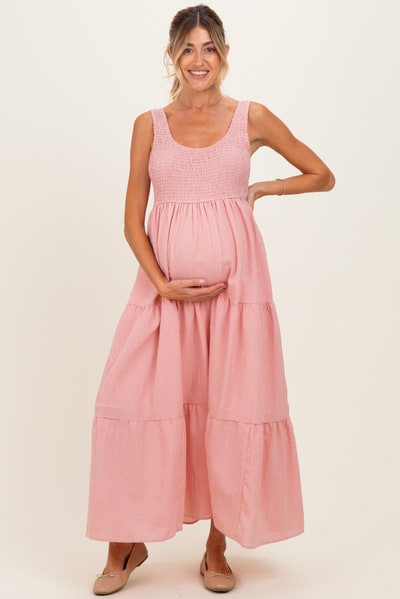 PinkBlush Pink Gingham Smocked Bodice Maternity Maxi Dress