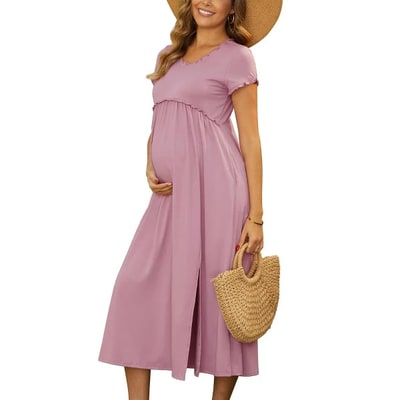 Target INSPIRE CHIC Women's Maternity Dress Midi Short Sleeves ruffled Pleating Pregnancy Dresses for Photoshoot Flowy Casual 2026 Summer Meduim Pink