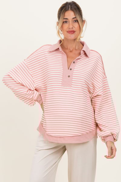 PinkBlush Mauve Striped Oversized Collared Pullover Maternity Top