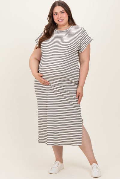 PinkBlush Black Striped Maternity Plus Midi T-Shirt Dress
