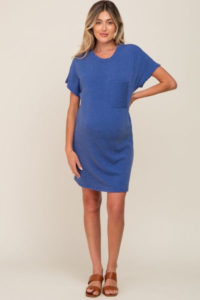 PinkBlush Royal Blue Ribbed Front Pocket Dolman Short Sleeve Maternity Dress