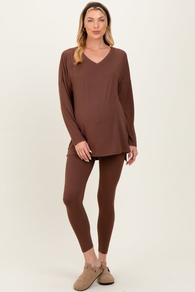 PinkBlush Brown Brushed Knit Maternity Oversized Top and Legging Set