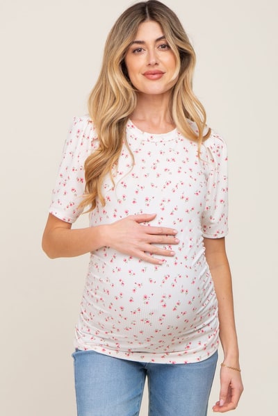PinkBlush Ivory Floral Side Ruched Maternity Short Sleeve Top