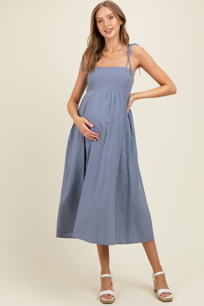 PinkBlush Blue Polka Dot Shoulder Tie Maternity Midi Dress