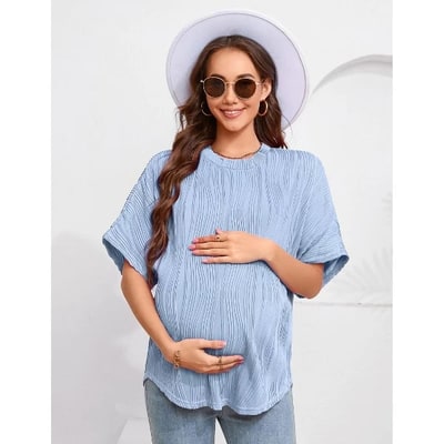 Target Coolmee Women's Maternity Shirts Casual Breathable Loose Textured Raglan Short Sleeve Shirt Crew Neck Spring Summer Pregnancy Tops 2XL Blue