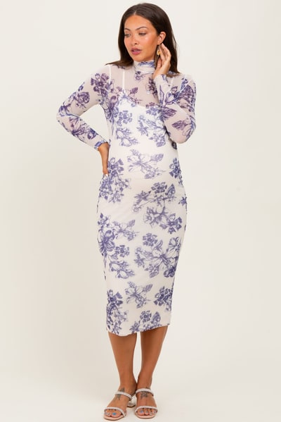PinkBlush Ivory Floral Mesh Mock Neck Long Sleeve Maternity Midi Dress