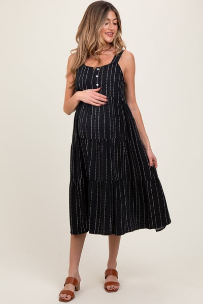 PinkBlush Black Dot Stripe Tiered Maternity Midi Dress
