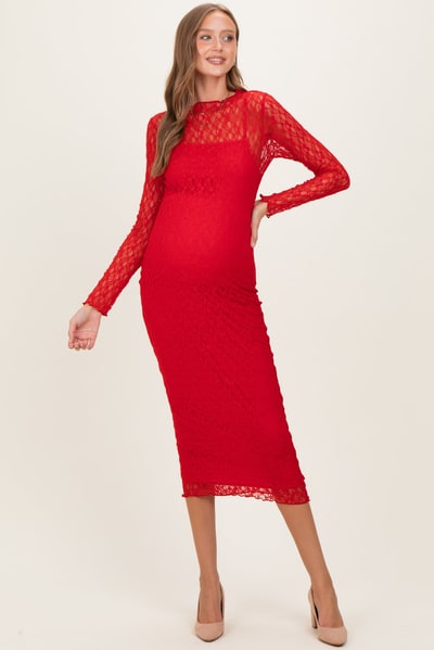 PinkBlush Red Lace Long Sleeve Fitted Maternity Dress