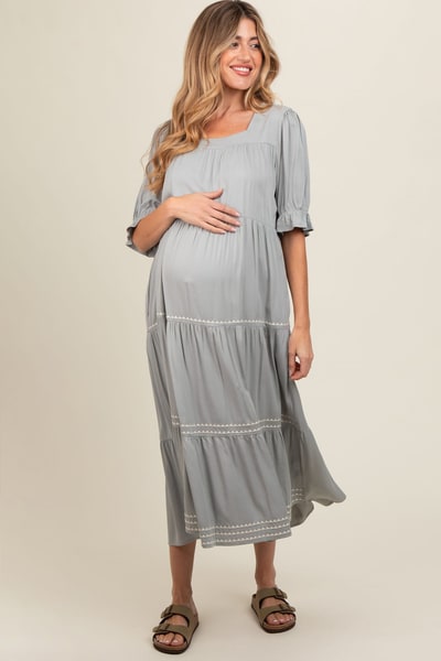 PinkBlush Grey Embroidered Tiered Maternity Midi Dress