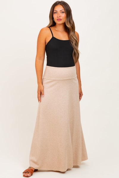 PinkBlush Beige Ribbed Maternity Maxi Skirt