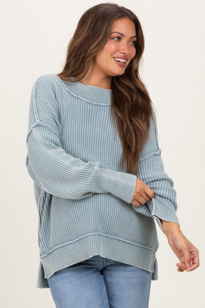 PinkBlush Light Blue Washed Side Slit Oversized Maternity Sweater