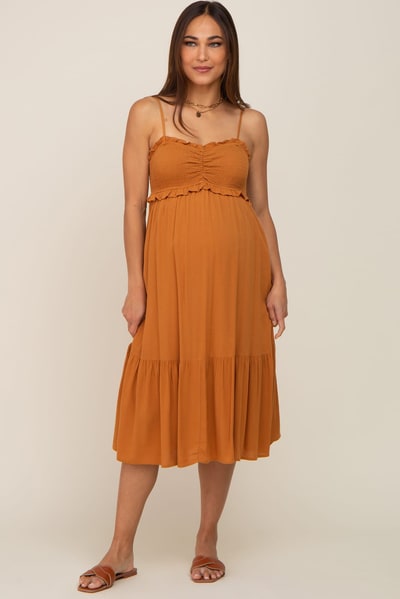 PinkBlush Camel Smocked Ruffle Accent Maternity Midi Dress