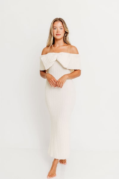 Worth Collective Aston Bow Front Maxi Sweater Dress in Ivory– Bump Friendly & Inclusive Sizing (S-3XL)