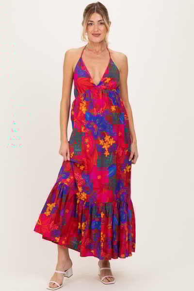 PinkBlush Red Floral Halter V-Neck Maternity Maxi Dress