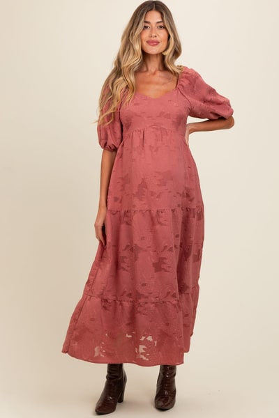 PinkBlush Mauve Floral Textured Tiered Midi Maternity Dress