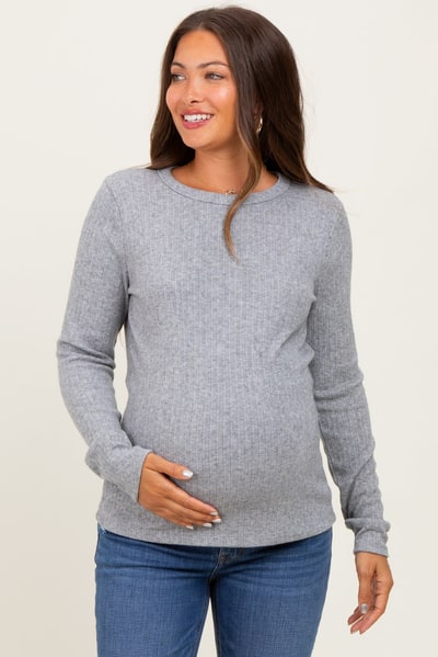 PinkBlush Heather Grey Ribbed Knit Maternity Long Sleeve Top