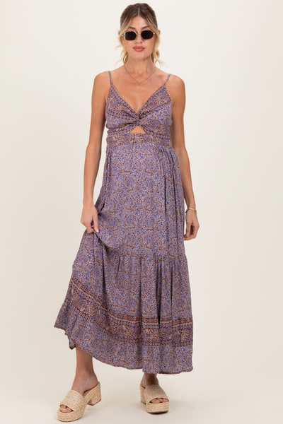 PinkBlush Charcoal Printed Twisted Front Maternity Maxi Dress