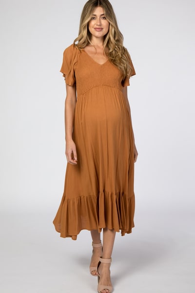 PinkBlush Camel Smocked V-Neck Maternity Midi Dress