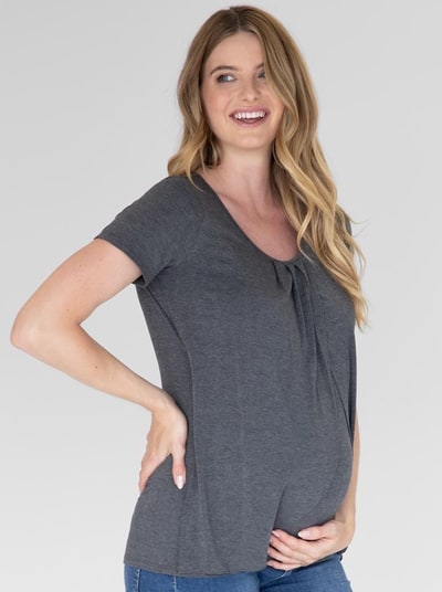 Angel Maternity Petal Front Short Sleeve Top in Charcoal