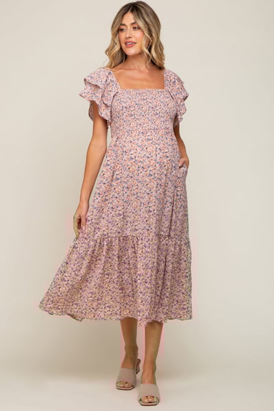 PinkBlush Light Pink Floral Flutter Maternity Midi Dress