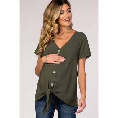 Target PinkBlush Light Olive Button Tie Front Maternity Top Light Olive Small