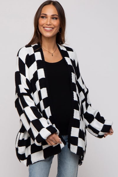 PinkBlush Black Checkered Print Oversized Maternity Cardigan