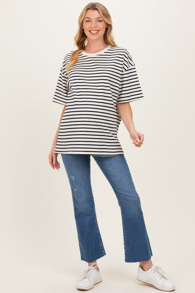 PinkBlush Black Striped Short Sleeve Crew Neck Oversized Cotton Maternity Top