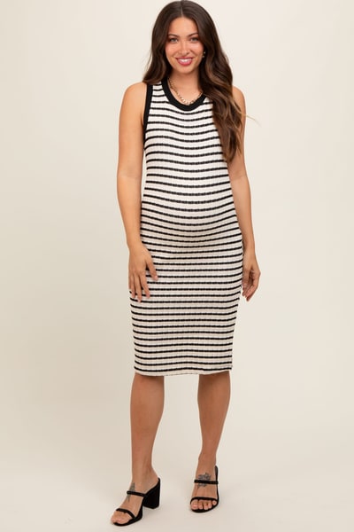 PinkBlush Cream Black Striped Sleeveless Fitted Knit Maternity Dress