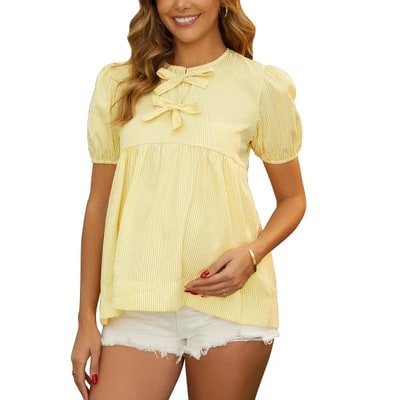 Target INSPIRE CHIC Women's Cute Striped Maternity Top Cotton Bow Candy Color Babydoll Blouse for Pregnancy Medium Yellow