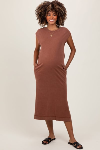 PinkBlush Camel Casual Sleeveless Pocketed Maternity Midi Dress