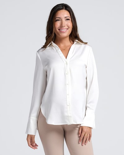 Angel Maternity Amelia Elegant Satin-Finish White Maternity Work Shirt