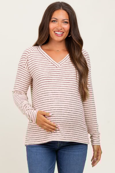 PinkBlush Burgundy Striped V-Neck Maternity Long Sleeve Top