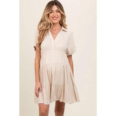 Target PinkBlush Cream Tiered Linen Maternity Dress Cream Large