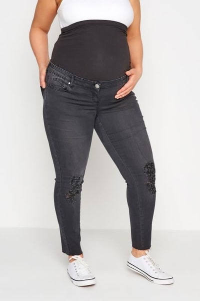Yours Clothing BUMP IT UP MATERNITY Black Washed Ripped AVA Jeans With Comfort Panel & Stretch