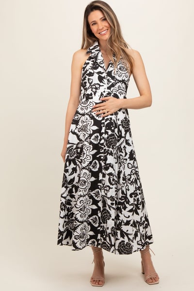 PinkBlush Black Floral Sleeveless Halter Maternity Midi Dress