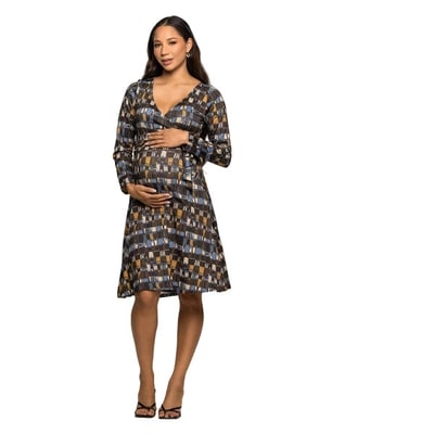 Target 24seven Comfort Apparel Maternity Long Sleeve Wrap Dress with Belt in Brown Blue Geometric Print