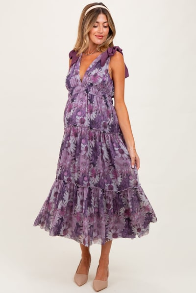 PinkBlush Purple Floral Mesh Deep V-Neck Shoulder Tie Maternity Maxi Dress