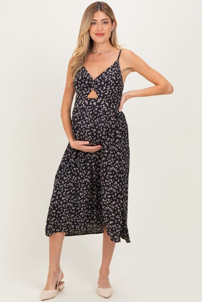 PinkBlush Black Floral Twisted Front Maternity Midi Dress