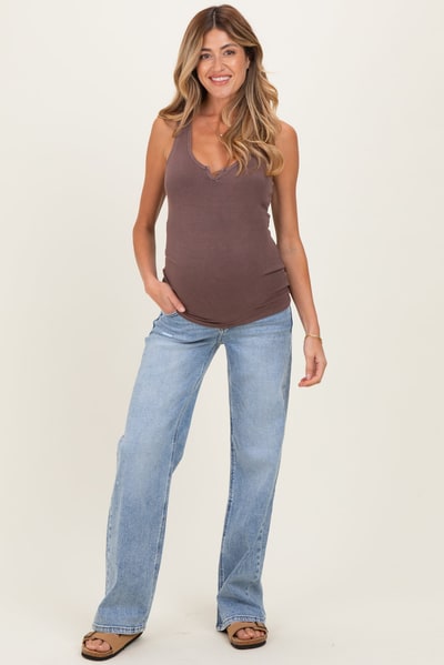 PinkBlush Blue Lightly Distressed Maternity Wide Leg Jeans