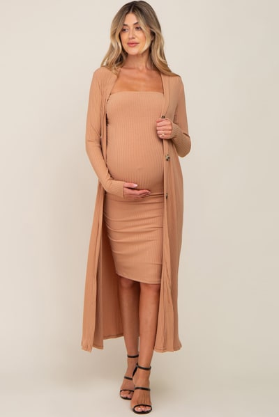 PinkBlush Camel Ribbed Maternity Dress Set