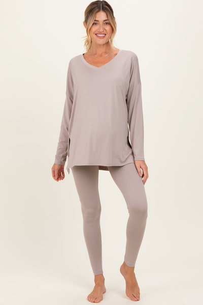 PinkBlush Beige Brushed Knit Maternity Oversized Top and Legging Set