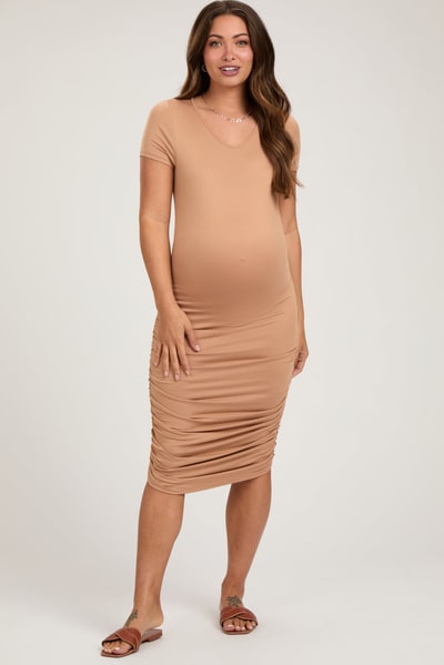 PinkBlush Beige Ruched Fitted Maternity Dress