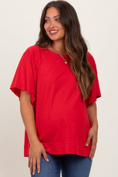 PinkBlush Red Oversized Raw Hem Short Sleeve Maternity Tee